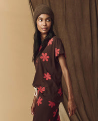 The Great. Novelty Tees & Sweats | The Hand Stamped Boxy Crew. Mocha With Hot Red Daisy - Women