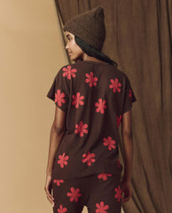The Great. Novelty Tees & Sweats | The Hand Stamped Boxy Crew. Mocha With Hot Red Daisy - Women