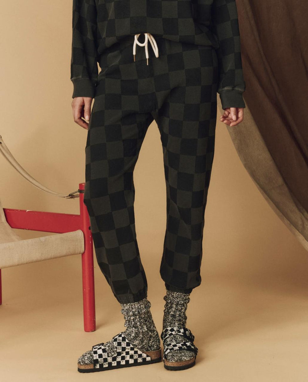 The Great. Pants | The Hand Stamped Stadium Sweatpant. Washed Black With Black Check - Women