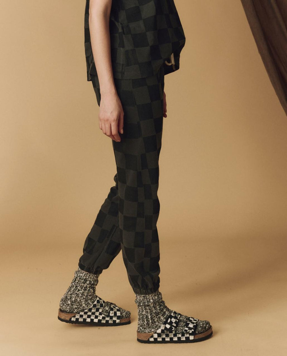 The Great. Pants | The Hand Stamped Stadium Sweatpant. Washed Black With Black Check - Women