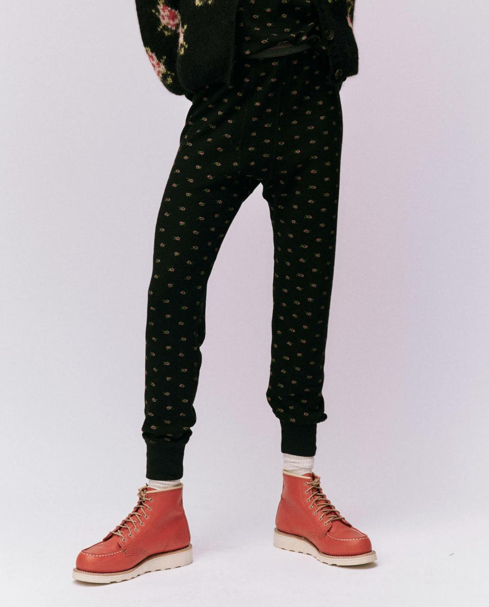 The Great. Pants | The Waffle Long John. Black Mini Heirloom Rose - Women