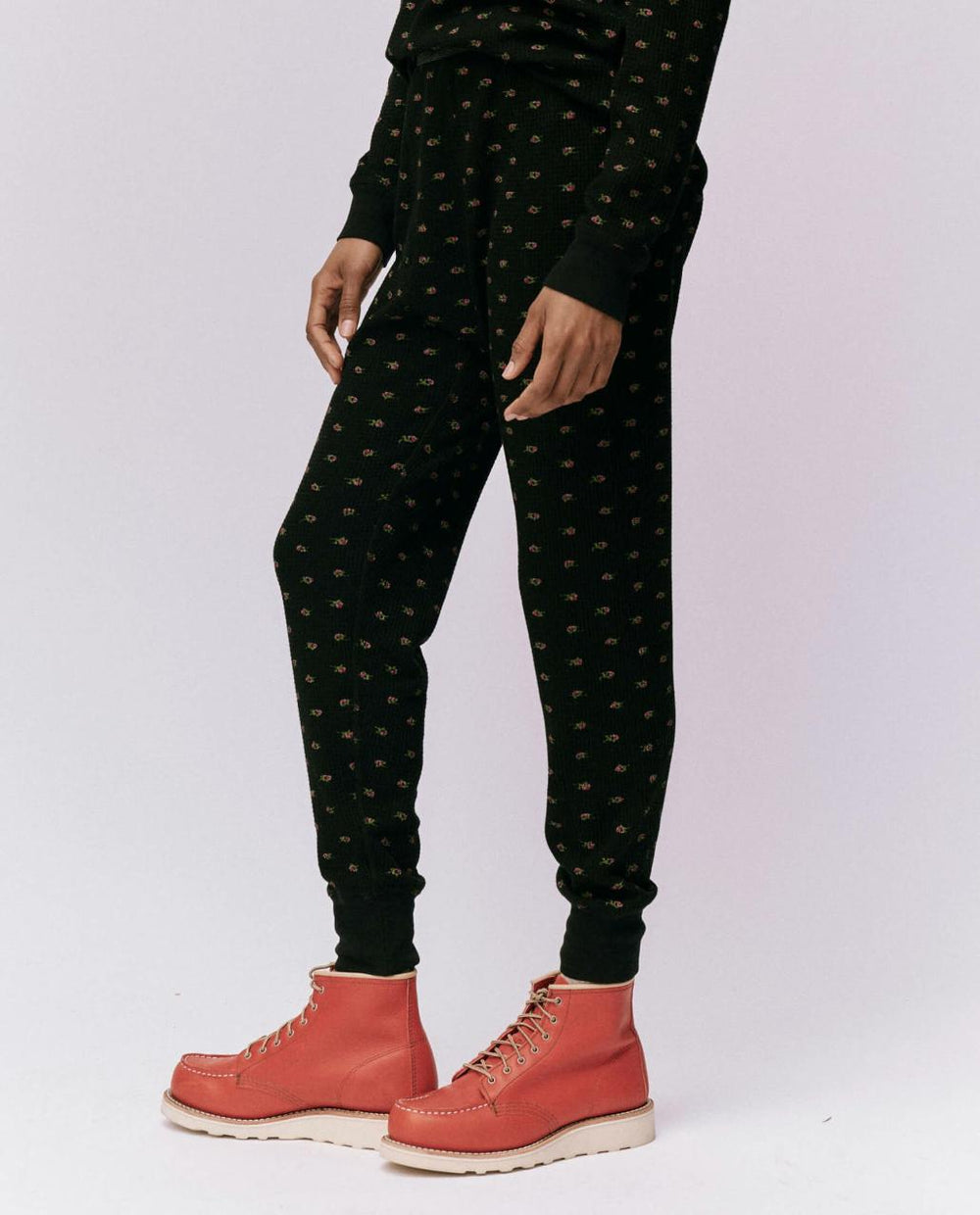 The Great. Pants | The Waffle Long John. Black Mini Heirloom Rose - Women