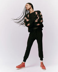 The Great. Pants | The Waffle Long John. Black Mini Heirloom Rose - Women