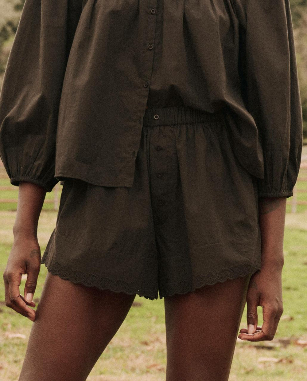 The Great. Sleep Bottoms | The Eyelet Tap Short. Black - Women