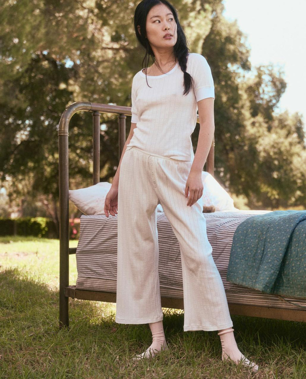 The Great. Sleep Bottoms | The Pointelle Easy Button Sleep Pant. White - Women