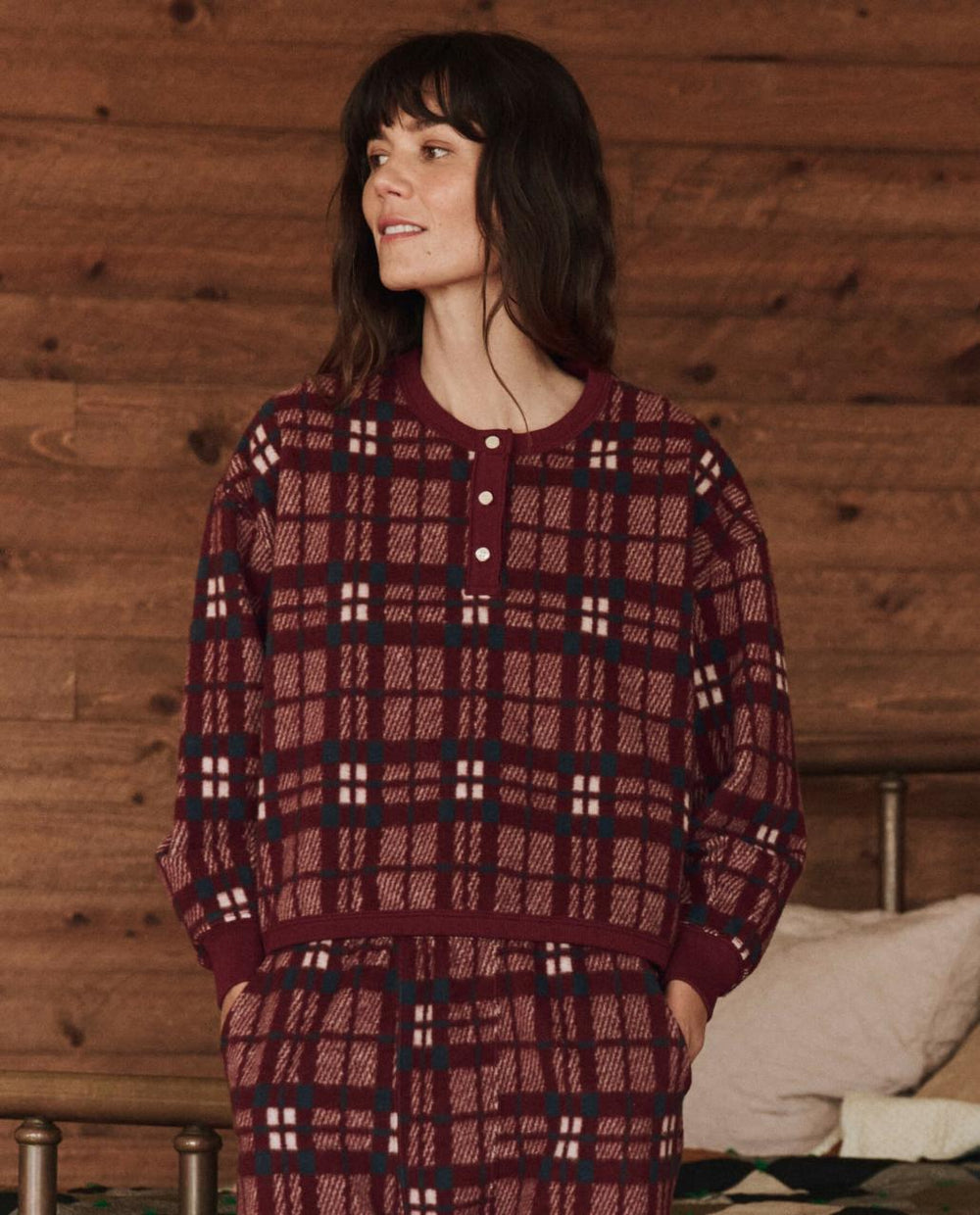 The Great. Sleep Tops | The Plush Fleece Henley Sleep Sweatshirt. Fireside Plaid - Women