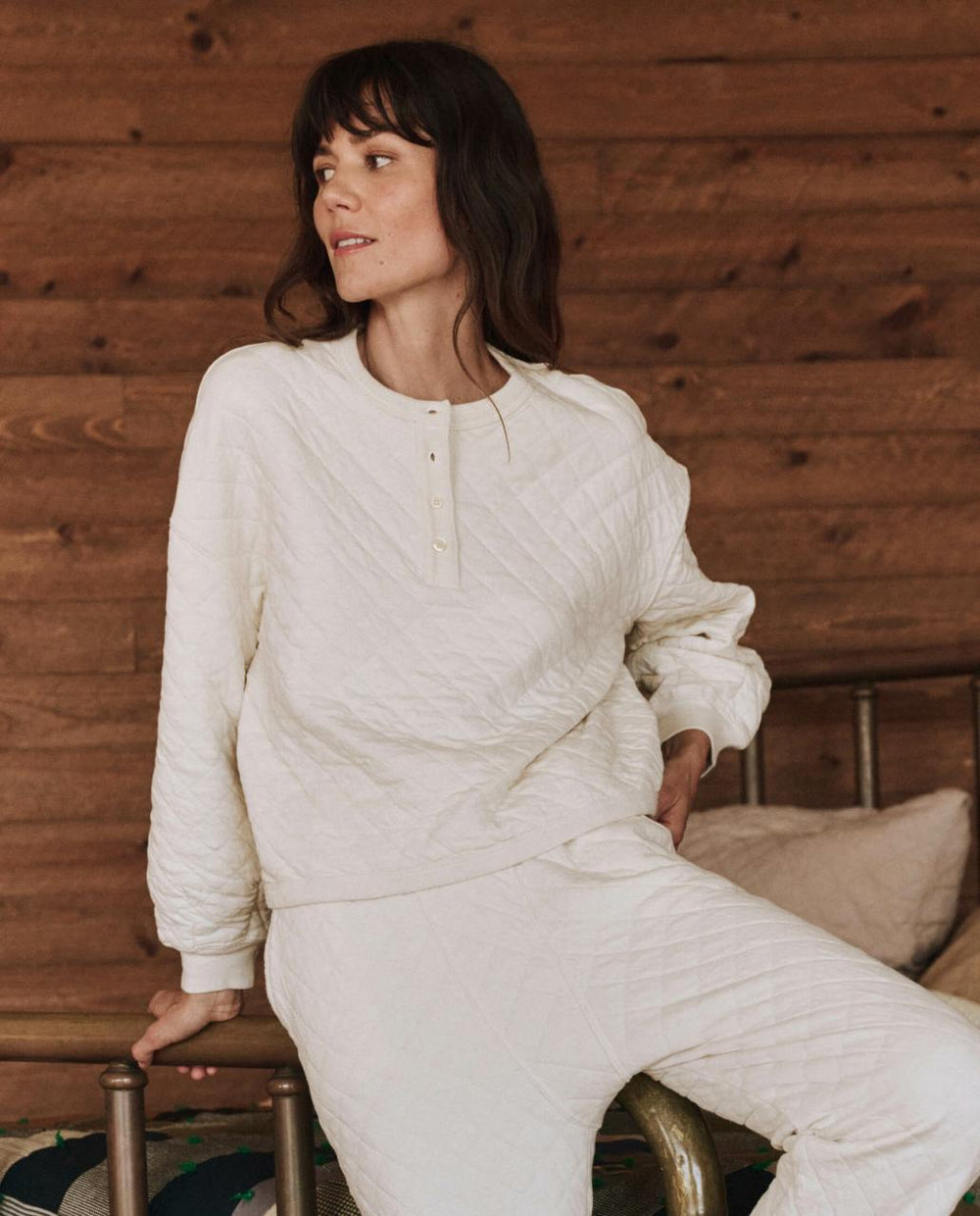 The Great. Sleep Tops | The Quilted Henley Sleep Sweatshirt. Washed White - Women