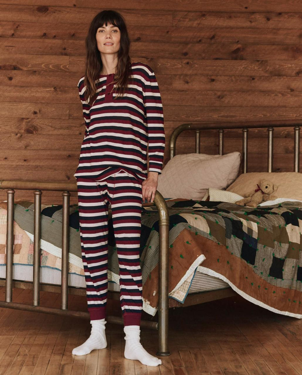 The Great. Sleep Tops | The Sleep Henley. Bordeaux Stripe - Women