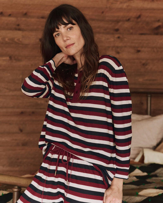 The Great. Sleep Tops | The Sleep Henley. Bordeaux Stripe - Women