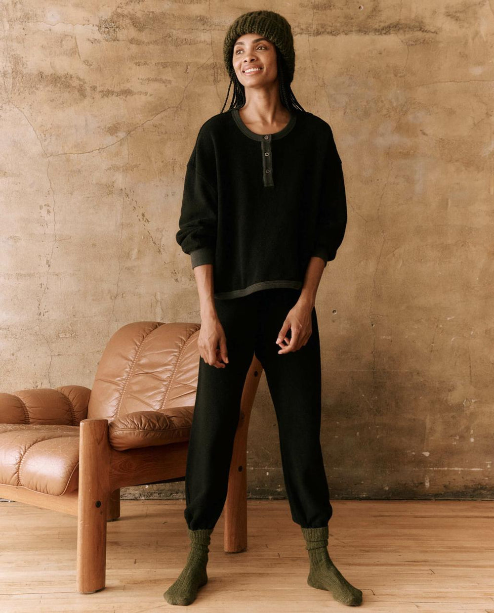 The Great. Sweaters | The Fleece Henley Sweatshirt. Almost Black - Women