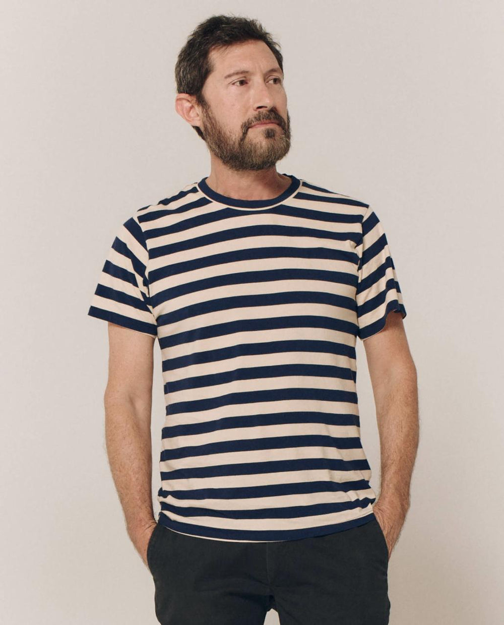 The Great. Tees & Sweats | The Men's Slim Tee. Navy And Cream Scholar Stripe - Men