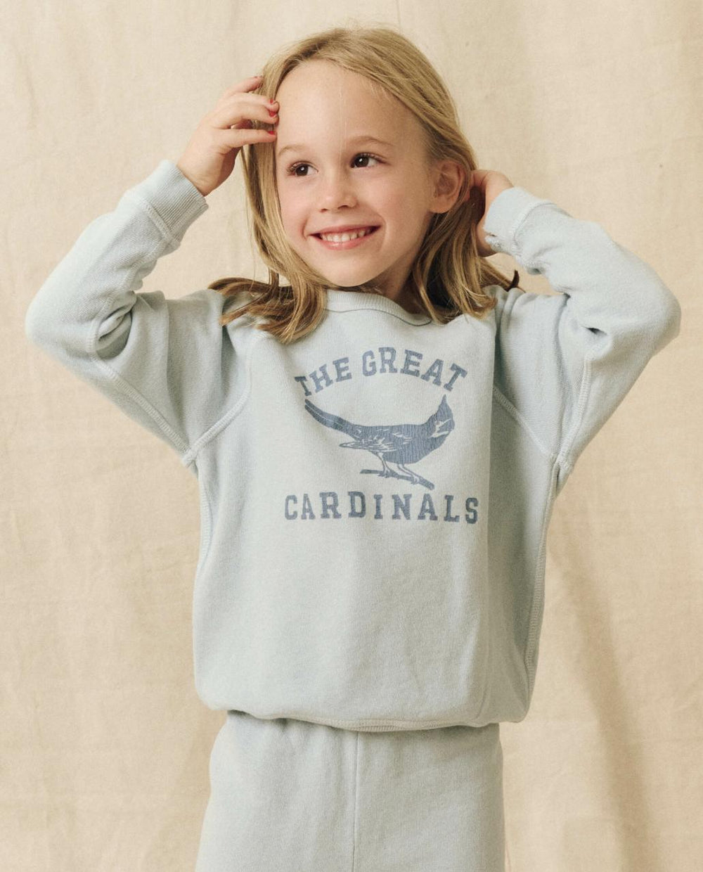 The Great. Tees & Sweats | The Little College Sweatshirt. Graphic Light Sky With Perched Cardi - Kids
