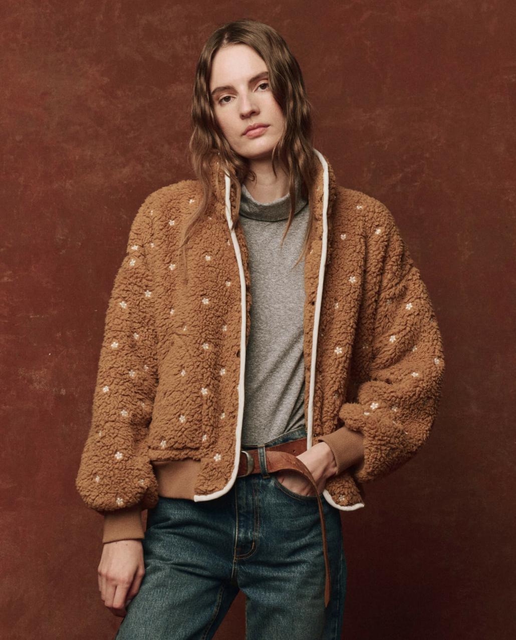 The Great. Jackets &amp; Outerwear | The Blackbird Jacket. Teddy With Cream Floral Embroidery - Women