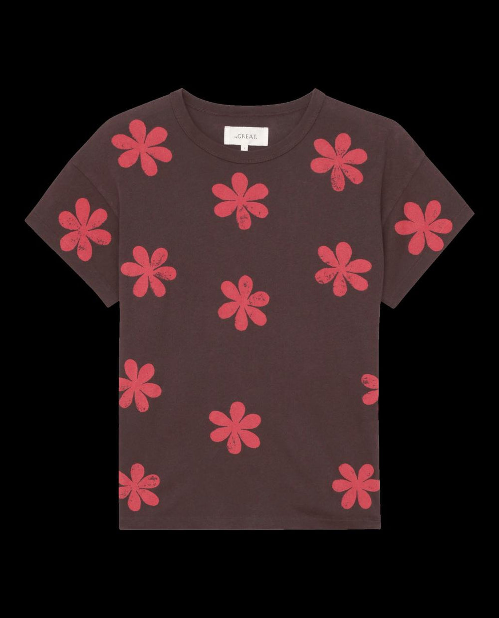 The Great. Novelty Tees &amp; Sweats | The Hand Stamped Boxy Crew. Mocha With Hot Red Daisy - Women