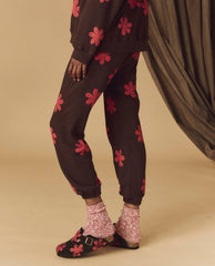 The Great. Pants | The Hand Stamped Stadium Sweatpant. Mocha With Hot Red Daisy - Women