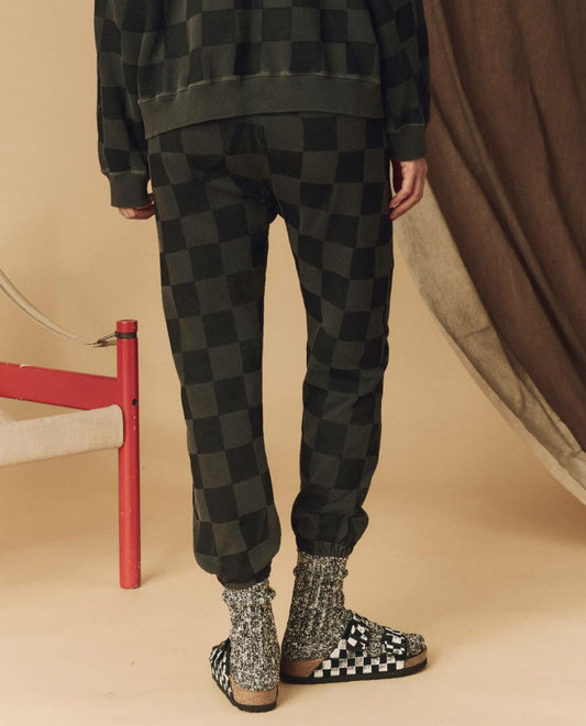 The Great. Pants | The Hand Stamped Stadium Sweatpant. Washed Black With Black Check - Women
