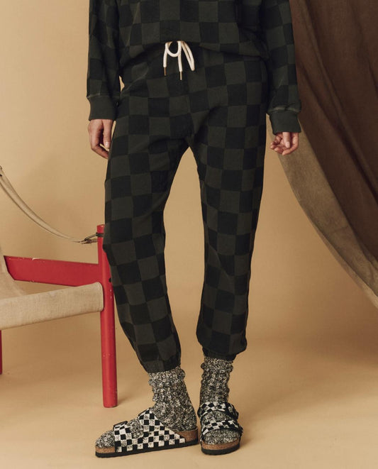 The Great. Pants | The Hand Stamped Stadium Sweatpant. Washed Black With Black Check - Women