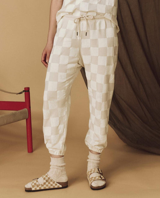 The Great. Pants | The Hand Stamped Stadium Sweatpant. Washed White With White Check - Women