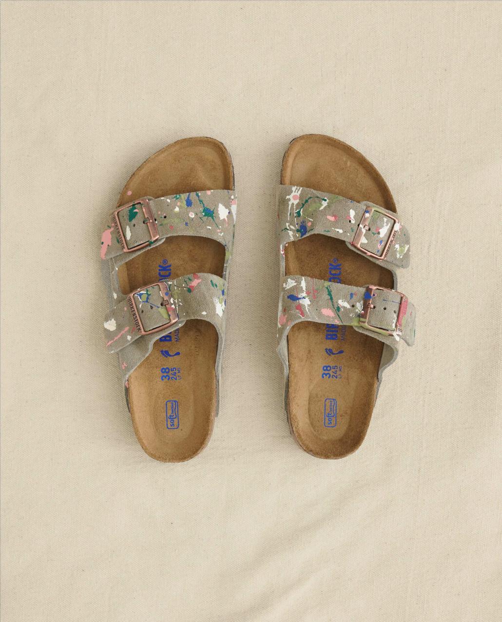 The Great. Shoes | Arizona Taupe Birkenstock With Paint. Taupe With Bright Multi Paint - Women