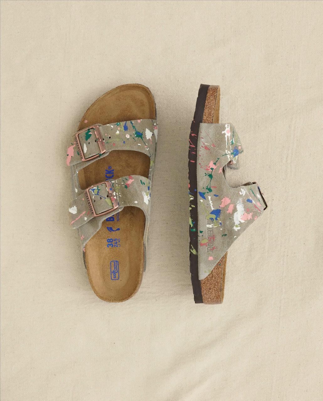 The Great. Shoes | Arizona Taupe Birkenstock With Paint. Taupe With Bright Multi Paint - Women