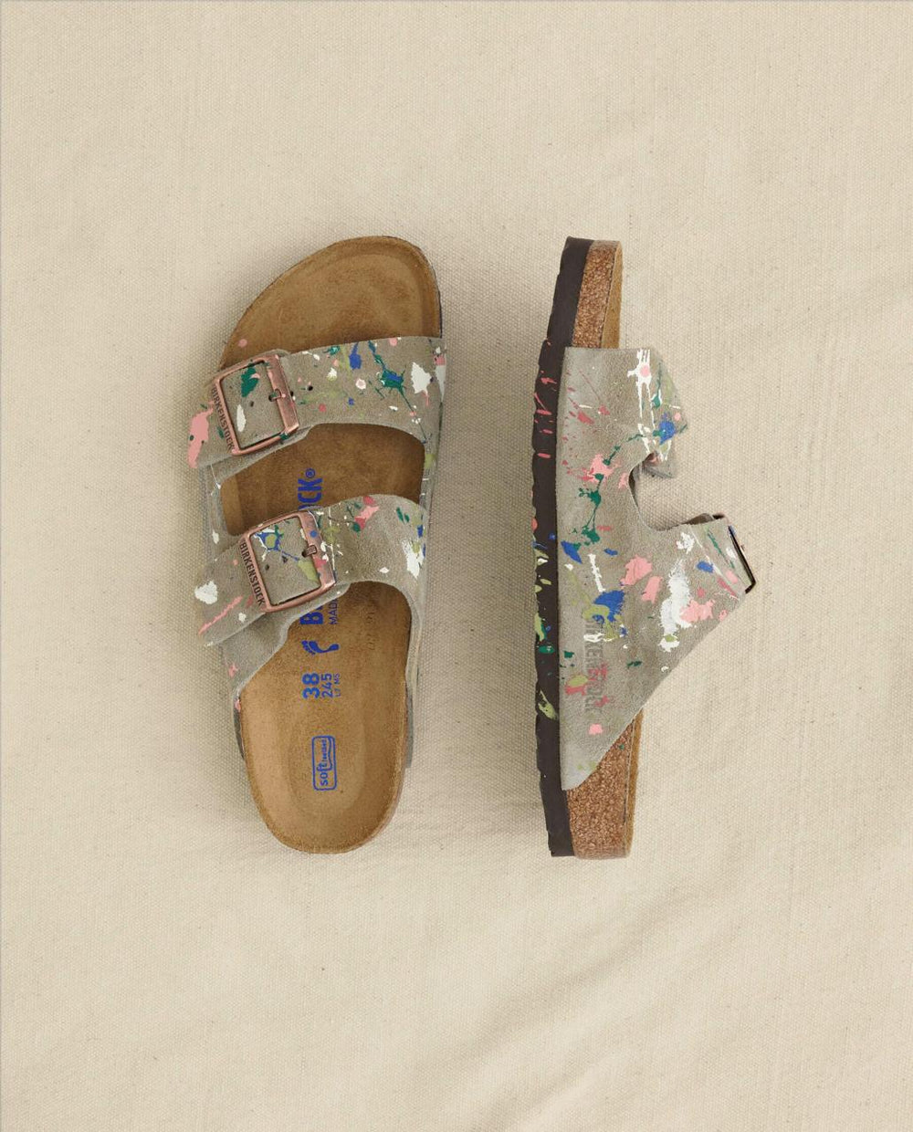 The Great. Shoes | Arizona Taupe Birkenstock With Paint. Taupe With Bright Multi Paint - Women