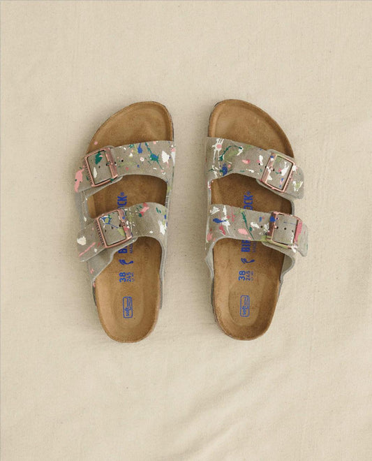 The Great. Shoes | Arizona Taupe Birkenstock With Paint. Taupe With Bright Multi Paint - Women