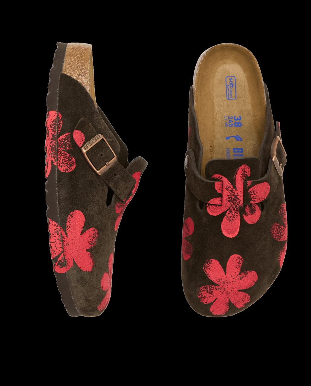 The Great. Shoes | The Hand Stamped BIRKENSTOCK Boston. Mocha With Hot Red Daisy - Women