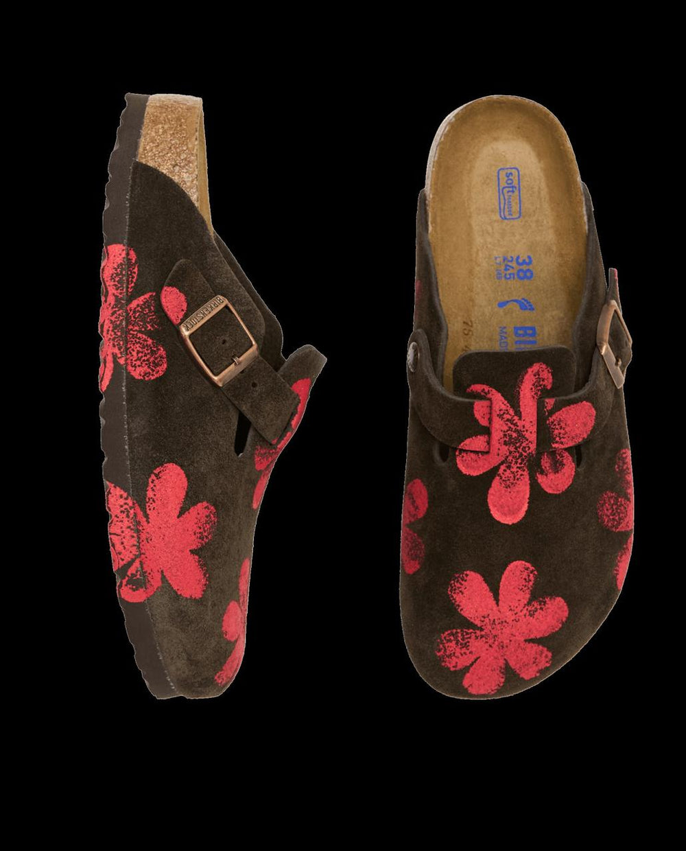 The Great. Shoes | The Hand Stamped BIRKENSTOCK Boston. Mocha With Hot Red Daisy - Women