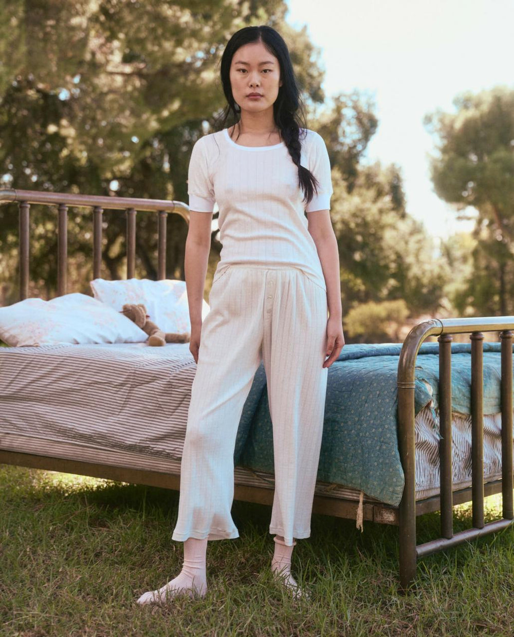 The Great. Sleep Bottoms | The Pointelle Easy Button Sleep Pant. White - Women