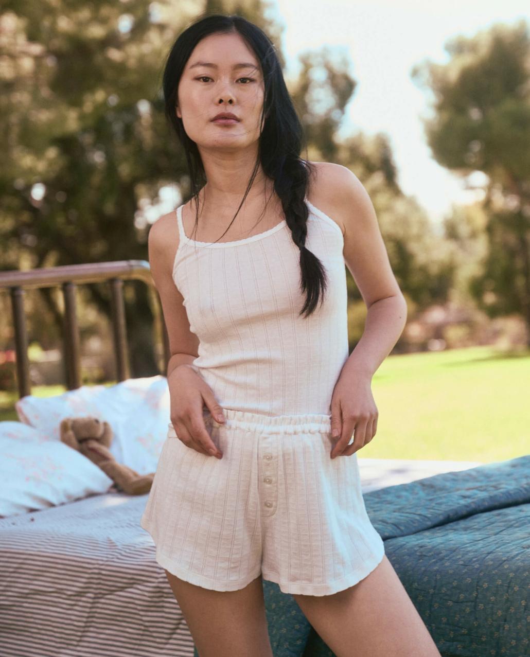 The Great. Sleep Bottoms | The Pointelle Tap Short. White - Women