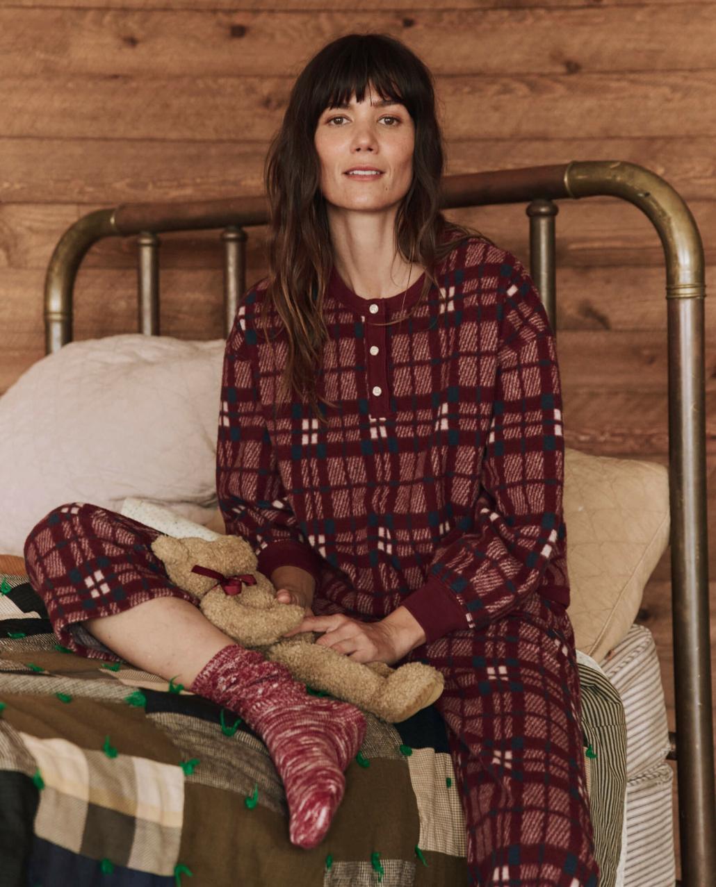 The Great. Sleep Tops | The Plush Fleece Henley Sleep Sweatshirt. Fireside Plaid - Women