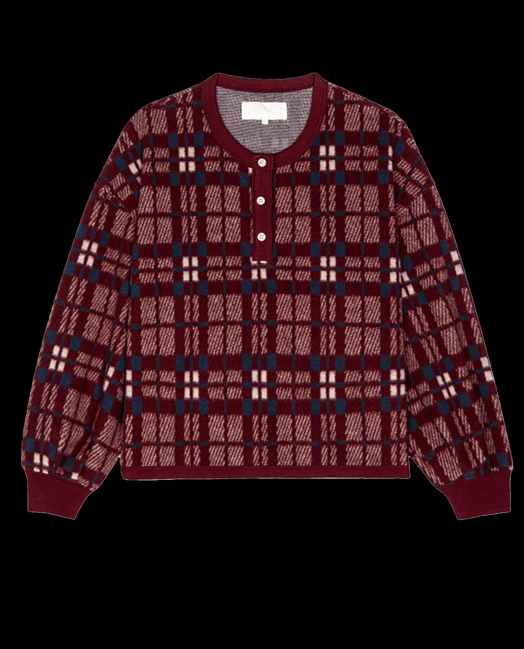 The Great. Sleep Tops | The Plush Fleece Henley Sleep Sweatshirt. Fireside Plaid - Women