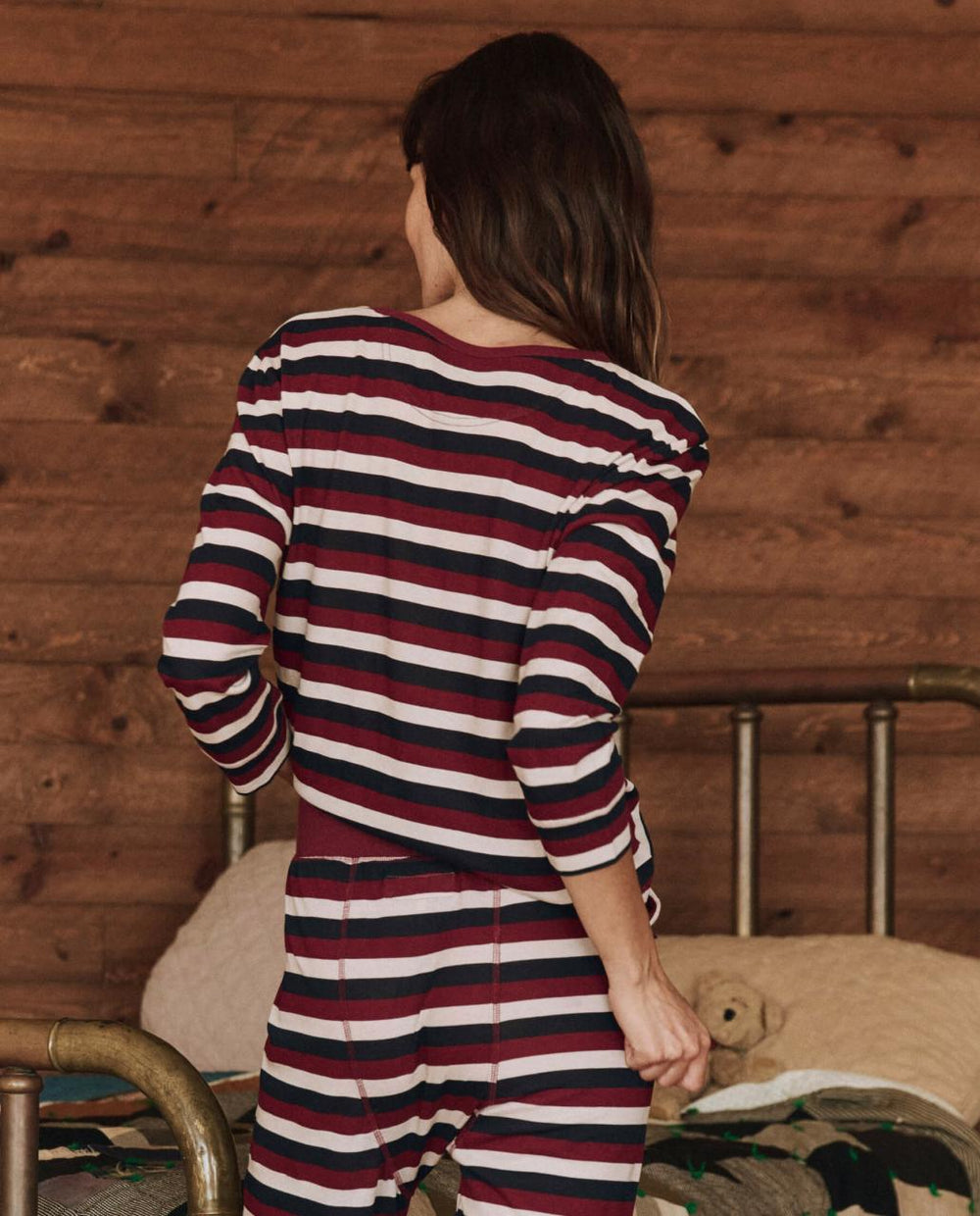 The Great. Sleep Tops | The Sleep Henley. Bordeaux Stripe - Women