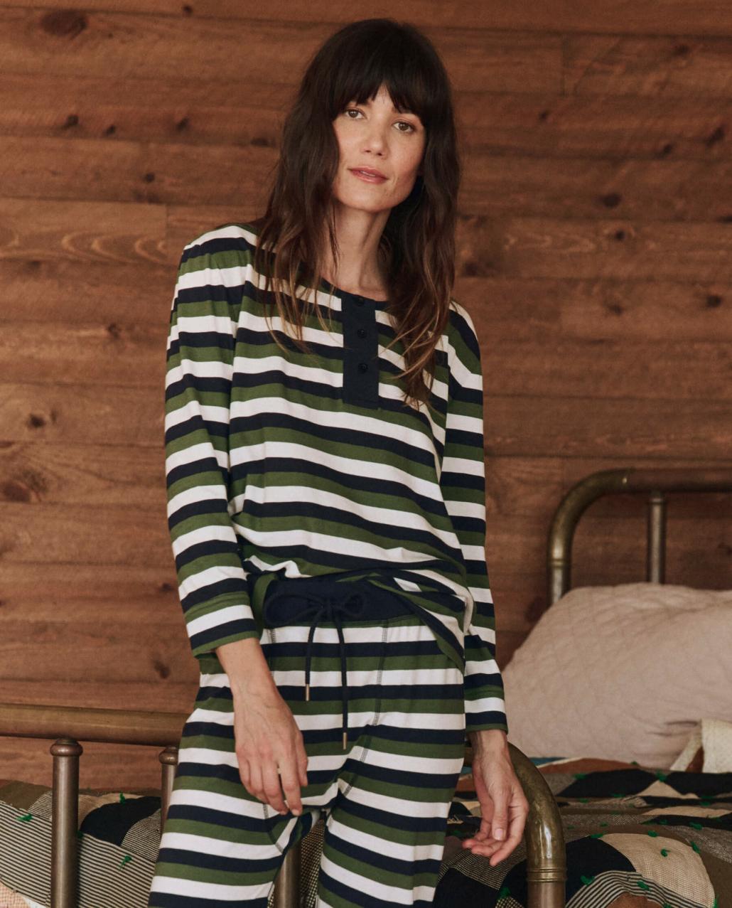 The Great. Sleep Tops | The Sleep Henley. Winter Pine Stripe - Women