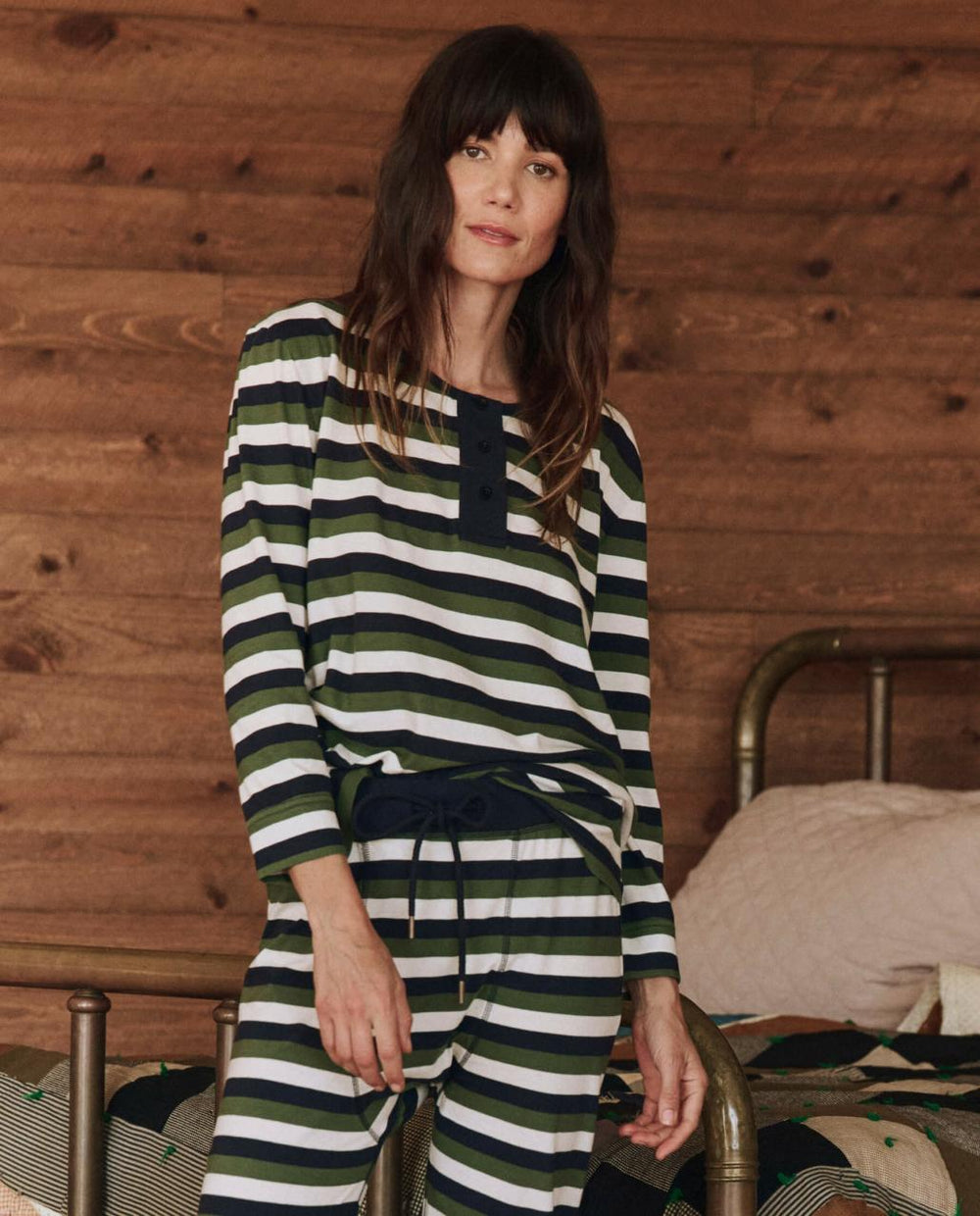 The Great. Sleep Tops | The Sleep Henley. Winter Pine Stripe - Women