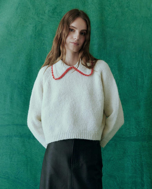 The Great. Sweaters | The Crochet Collar Pullover. Soft White With Cherry - Women