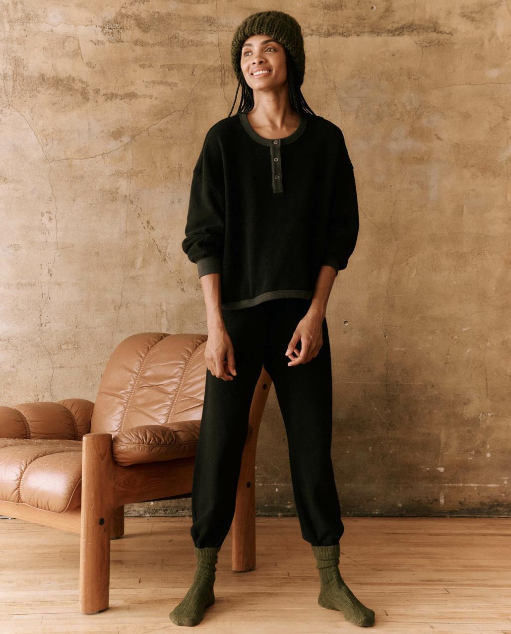 The Great. Sweaters | The Fleece Henley Sweatshirt. Almost Black - Women